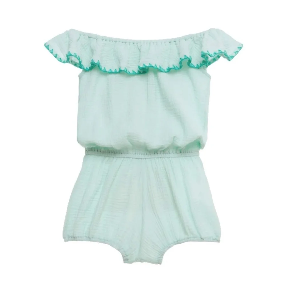 Eberjey Girls Nomad Off Shoulder Romper Ruffle Trim Shorts Gauzy Teal Blue 8